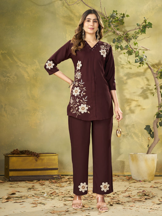 Premium Brown Embroidered Heavy Rayon Co-ord Set