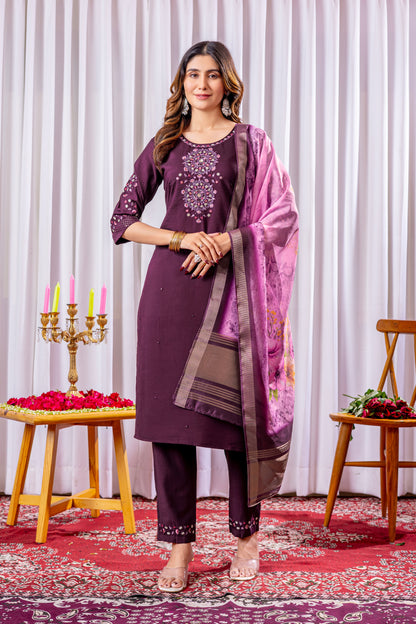 Deep Wine Embroidered Viscose Silk Suit Set with Printed Chanderi Dupatta