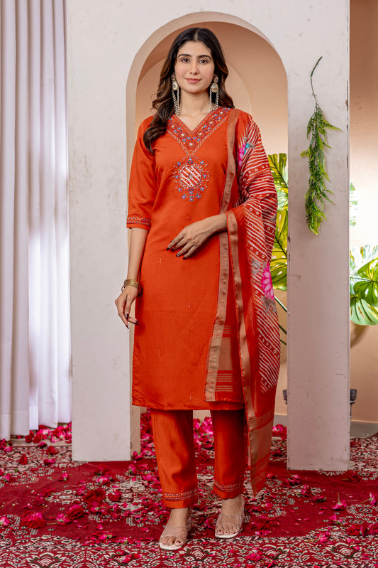 Vibrant Orange V-Neck Marina Viscose Silk Suit Set with Printed Chanderi Dupatta