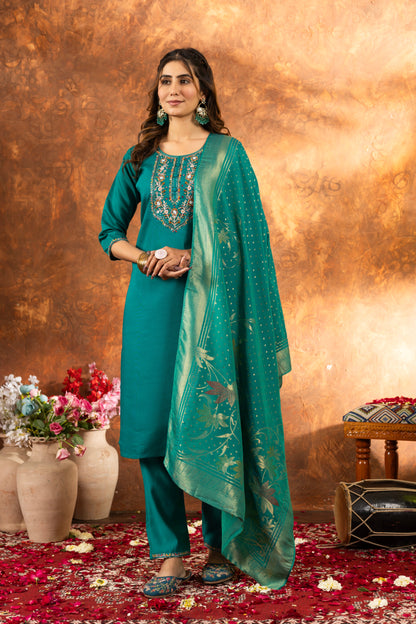 Rama Green Hand Embroidered Marina Silk Suit Set with Viscose Mina Dupatta