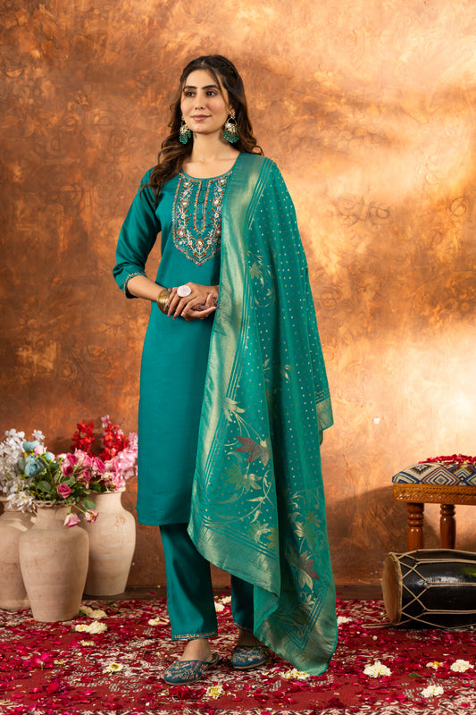 Rama Green Hand Embroidered Marina Silk Suit Set with Viscose Mina Dupatta