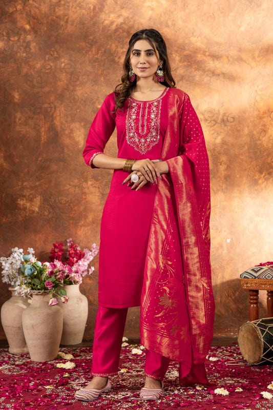 Fuchsia Pink Hand Embroidered Marina Silk Suit Set with Viscose Mina Dupatta