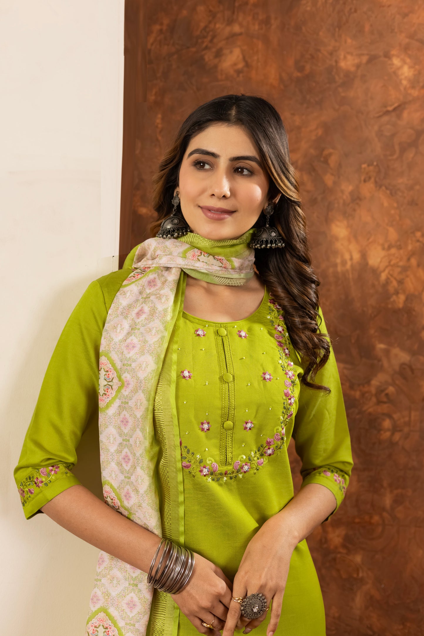 Lime Green Hand Embroidered Marina Silk Suit Set with Muslin Dupatta