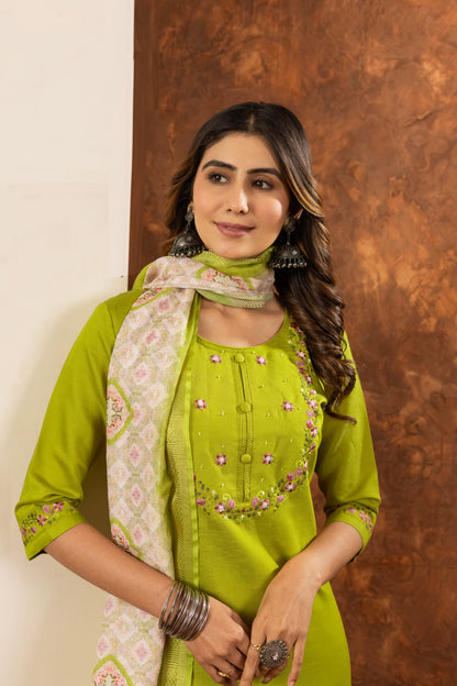 Lime Green Hand Embroidered Marina Silk Suit Set with Muslin Dupatta