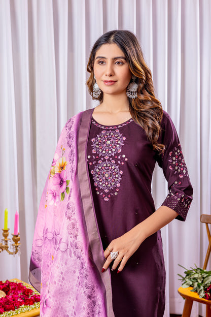 Deep Wine Embroidered Viscose Silk Suit Set with Printed Chanderi Dupatta