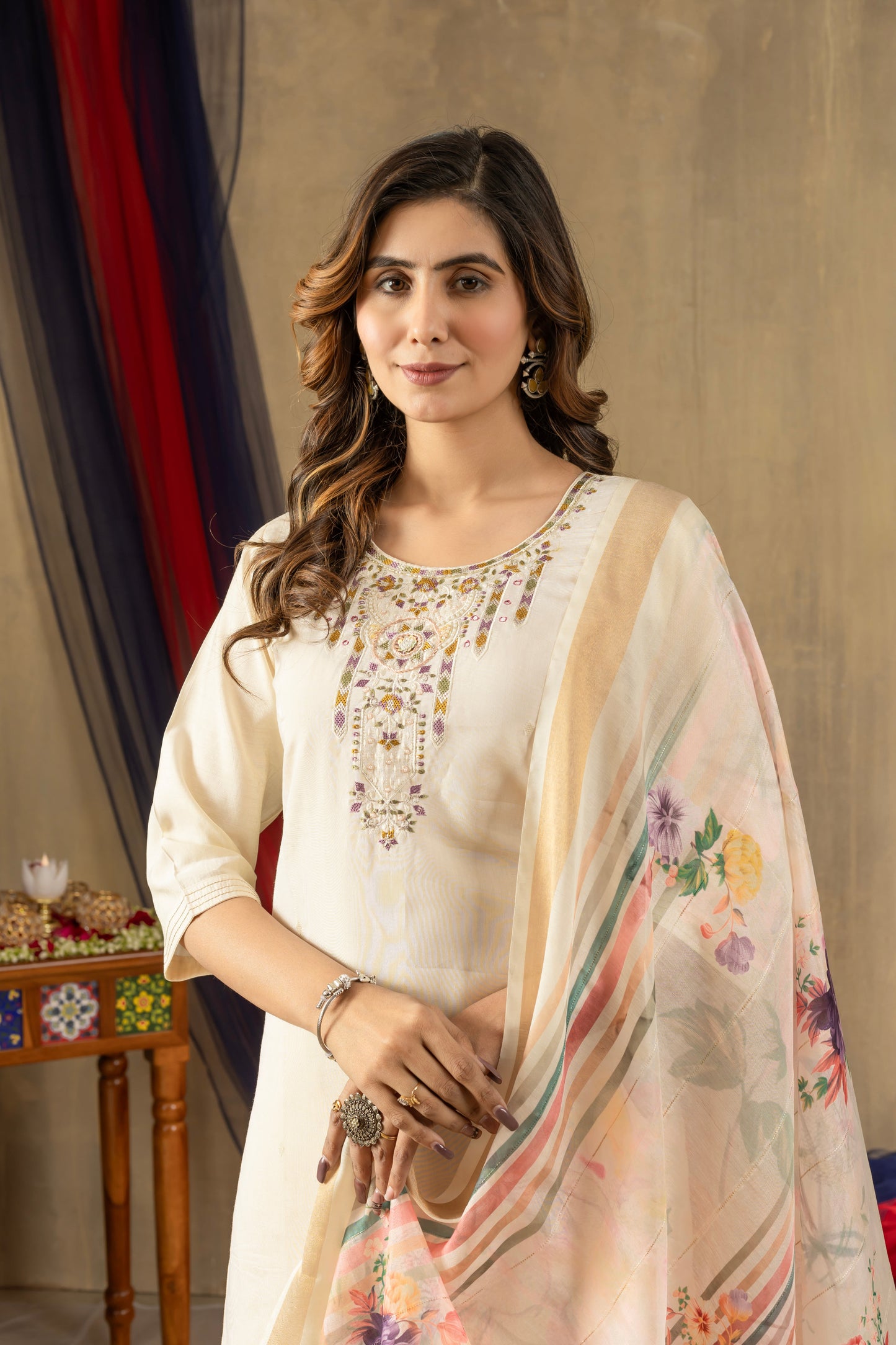 Off-White Embroidered Shimmer Silk Suit Set with Digital Print Muslin Dupatta