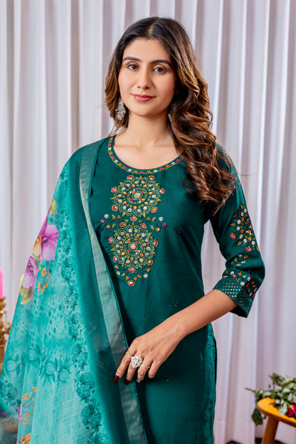 Emerald Green Embroidered Viscose Silk Suit Set with Printed Chanderi Dupatta