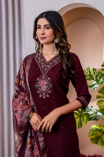 Deep Wine V-Neck Marina Viscose Silk Suit Set with Printed Chanderi Dupatta