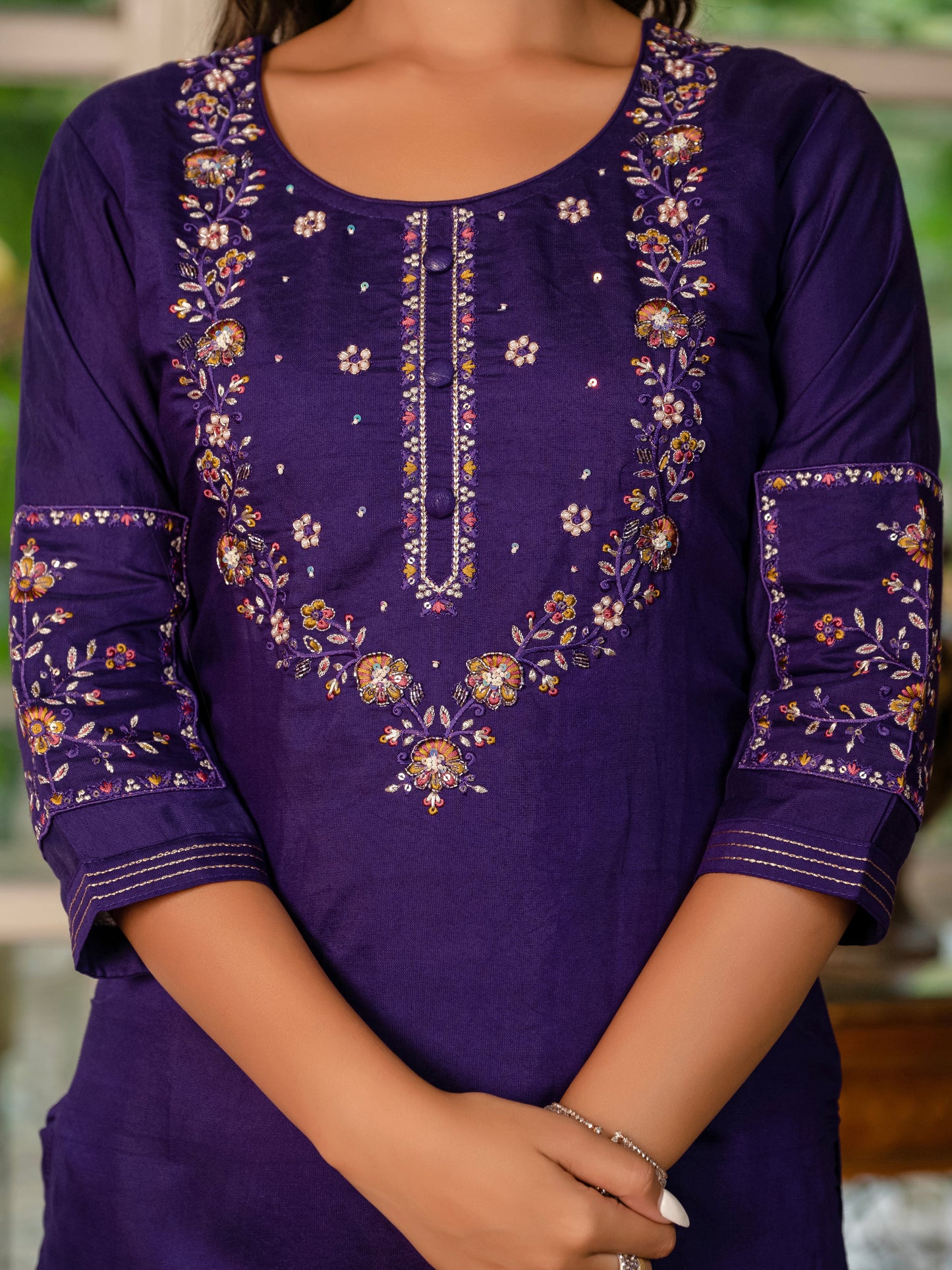 Deep Violet Embroidered Marina Silk Suit Set with Maslin Dupatta
