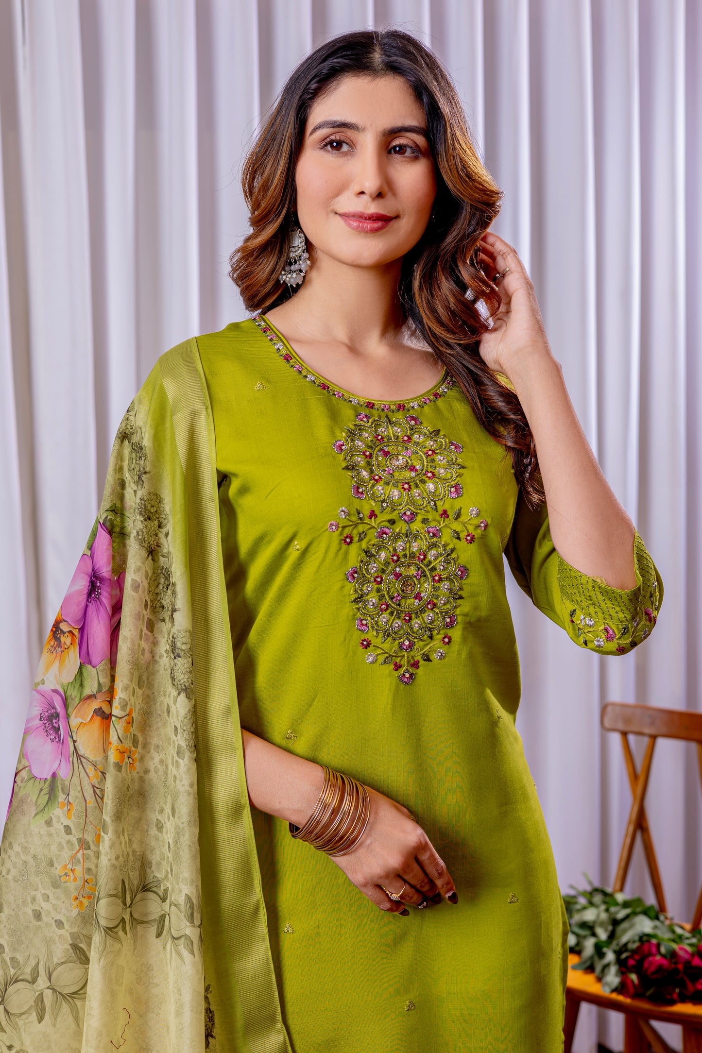 Parrot Green Embroidered Viscose Silk Suit Set with Printed Chanderi Dupatta