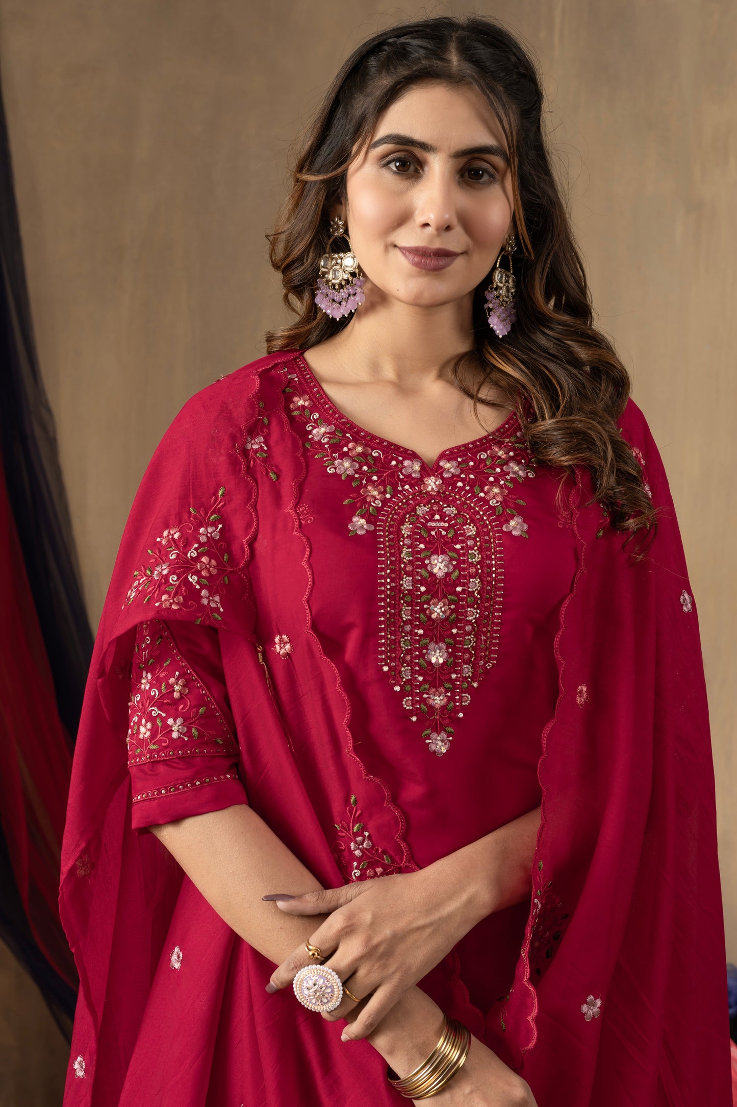 Fuchsia Pink Embroidered Roman Silk Suit Set with Scalloped Chanderi Dupatta