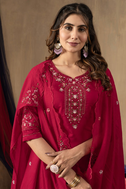 Fuchsia Pink Embroidered Roman Silk Suit Set with Scalloped Chanderi Dupatta