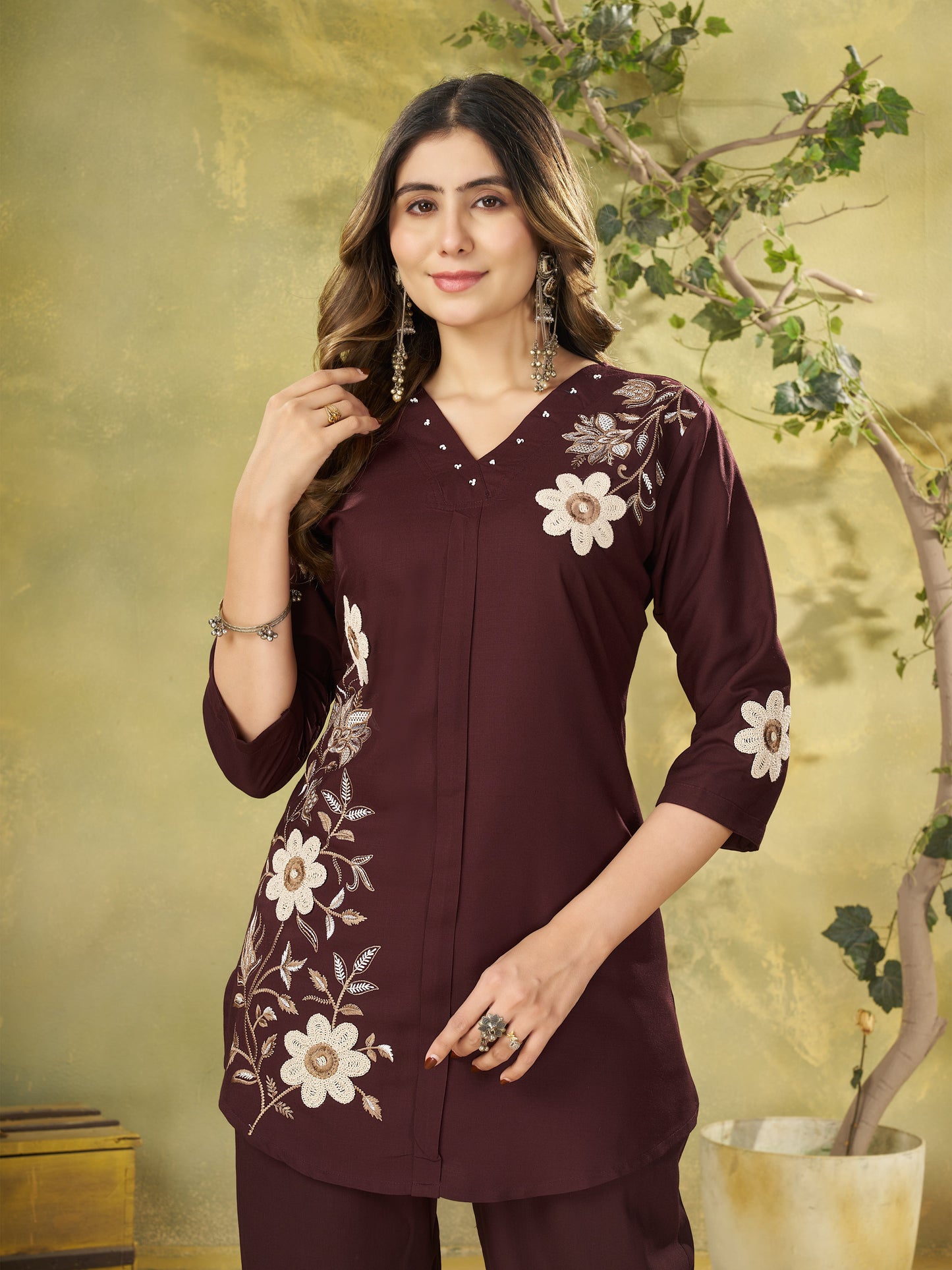 Premium Brown Embroidered Heavy Rayon Co-ord Set