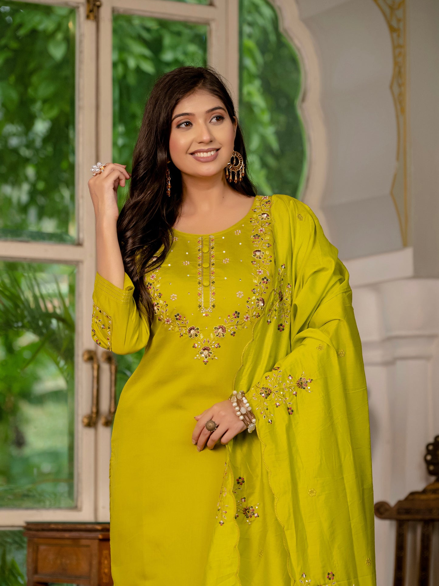 Mustard Yellow Embroidered Marina Silk Suit Set with Maslin Dupatta