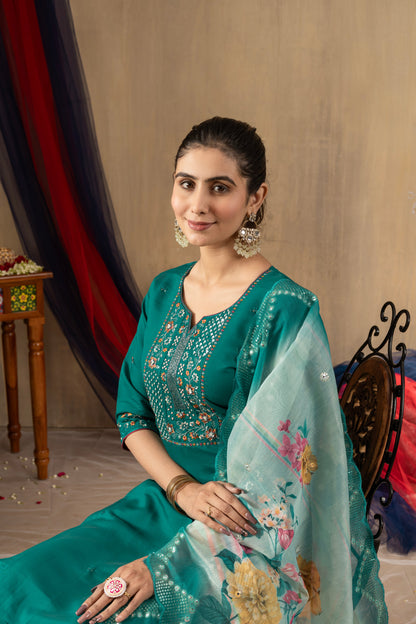 Rama Green Embroidered Roman Silk Suit Set with Floral Mirror-Work Dupatta