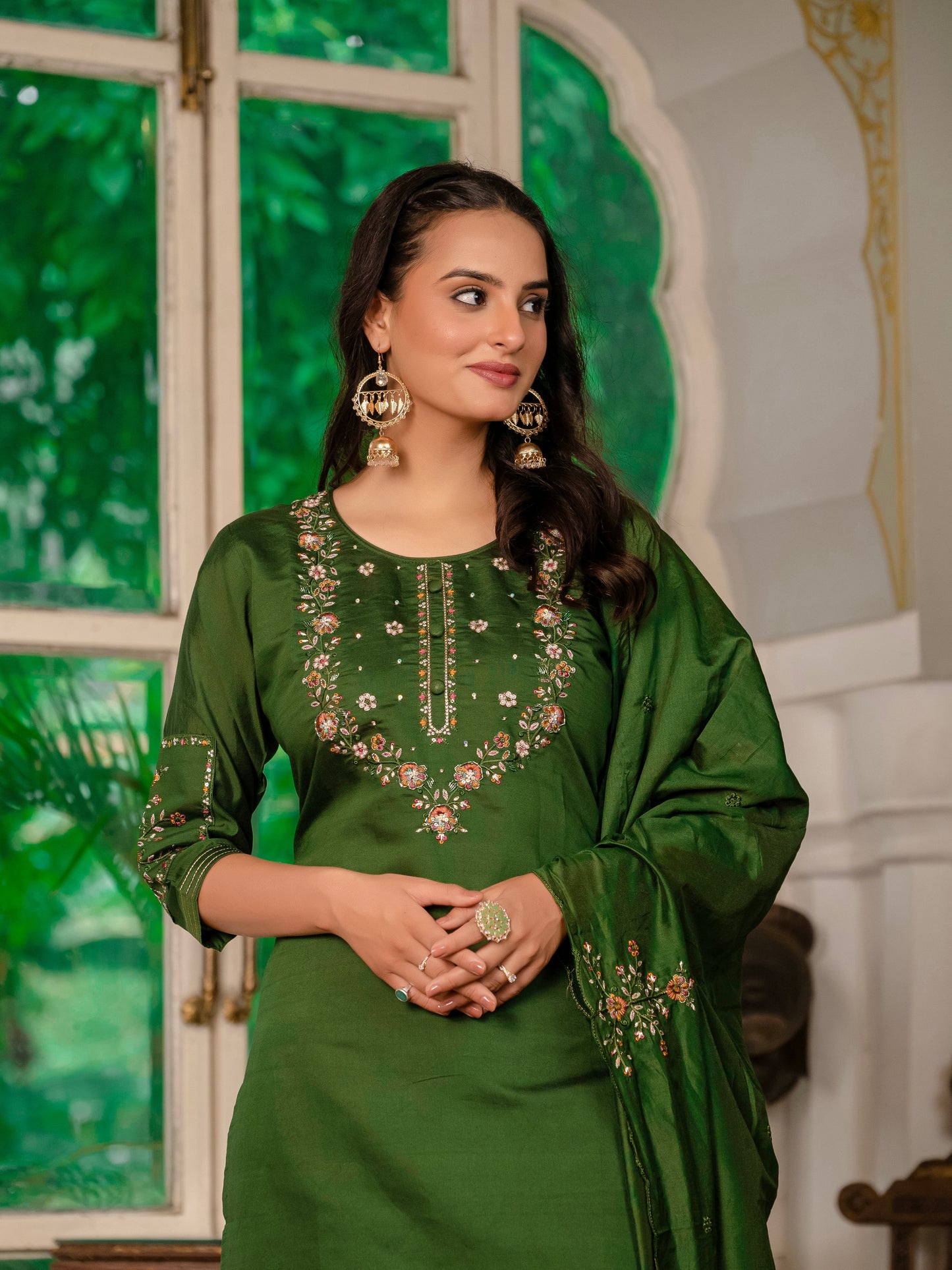 Mehndi Green Embroidered Marina Silk Suit Set with Maslin Dupatta