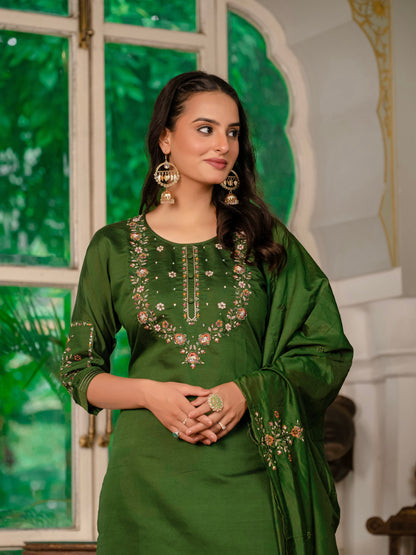Mehndi Green Embroidered Marina Silk Suit Set with Maslin Dupatta