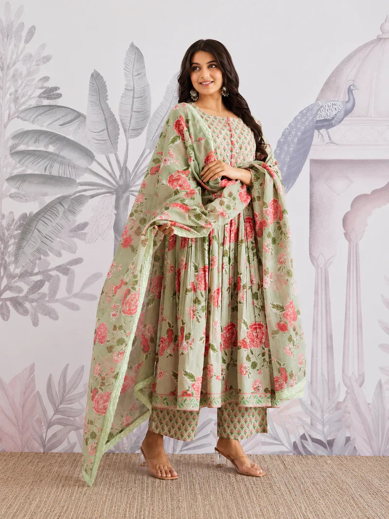 Premium Pista Green Floral Jaipuri Cotton Flared Anarkali Suit Set