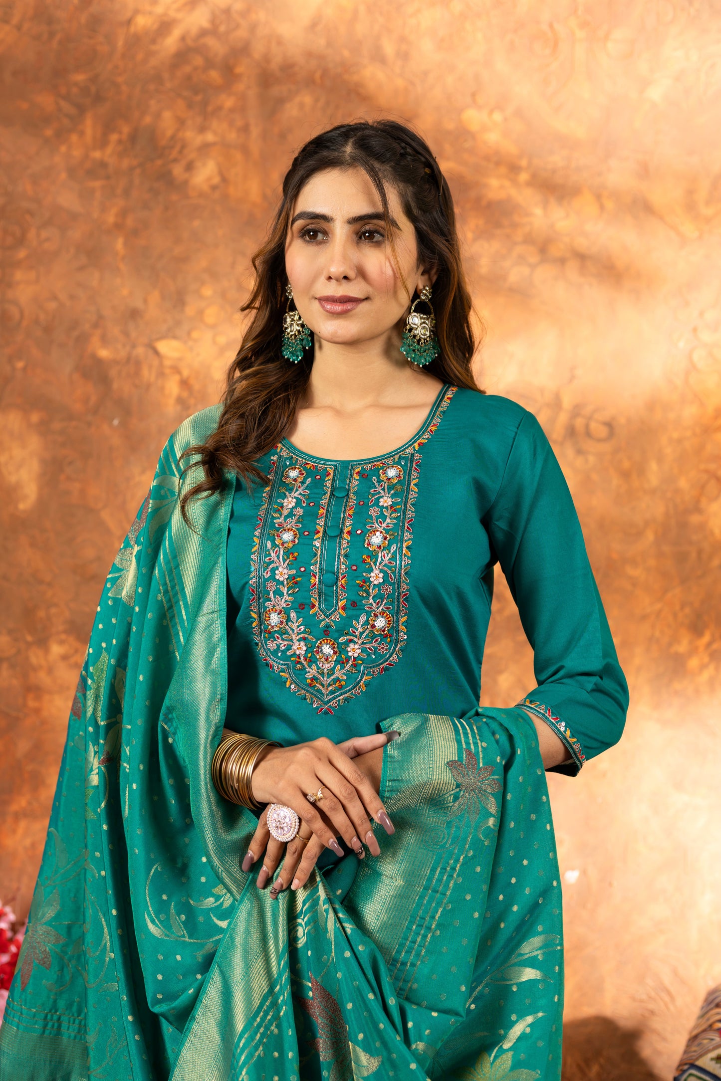 Rama Green Hand Embroidered Marina Silk Suit Set with Viscose Mina Dupatta