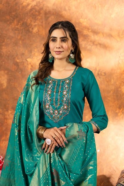 Rama Green Hand Embroidered Marina Silk Suit Set with Viscose Mina Dupatta