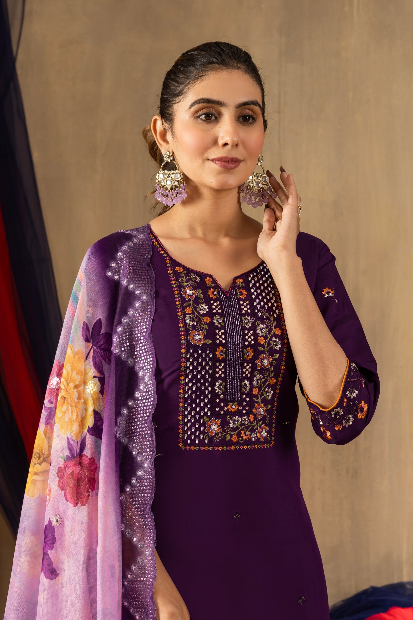 Deep Purple Embroidered Roman Silk Suit Set with Floral Mirror