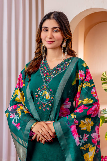 Forest Green Embroidered Marina Viscose Silk Suit Set with Floral Chanderi Dupatta