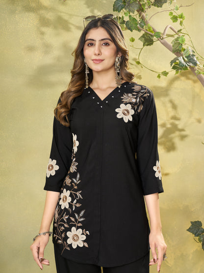 Premium Black Embroidered Heavy Rayon Co-ord Set with Pockets