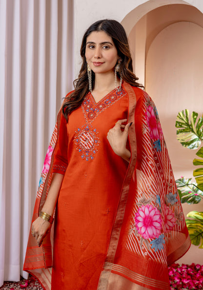 Vibrant Orange V-Neck Marina Viscose Silk Suit Set with Printed Chanderi Dupatta