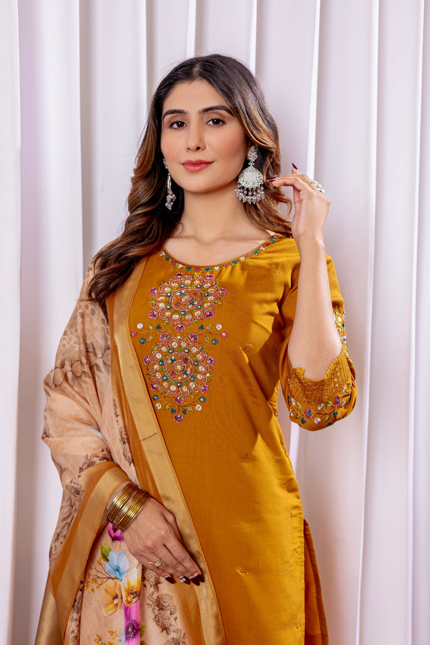 Mustard Yellow Embroidered Viscose Silk Suit Set with Printed Chanderi Dupatta