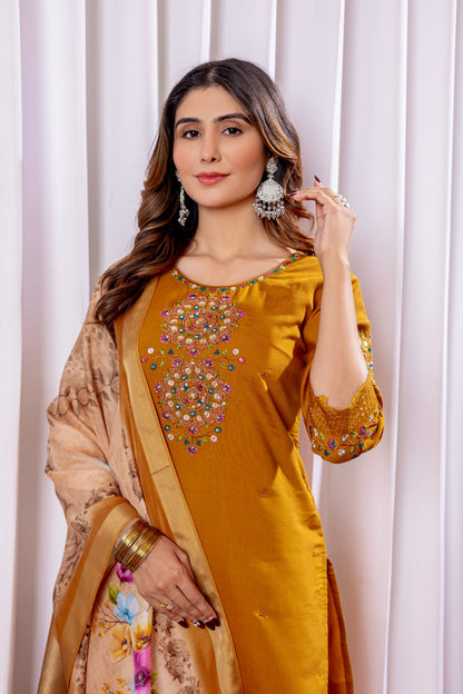 Mustard Yellow Embroidered Viscose Silk Suit Set with Printed Chanderi Dupatta
