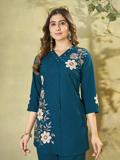 Premium Morpich Blue Embroidered Heavy Rayon Co-ord Set