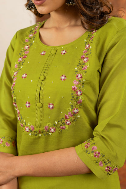 Lime Green Hand Embroidered Marina Silk Suit Set with Muslin Dupatta