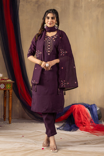Deep Wine Embroidered Roman Silk Suit Set with Scalloped Chanderi Dupatta