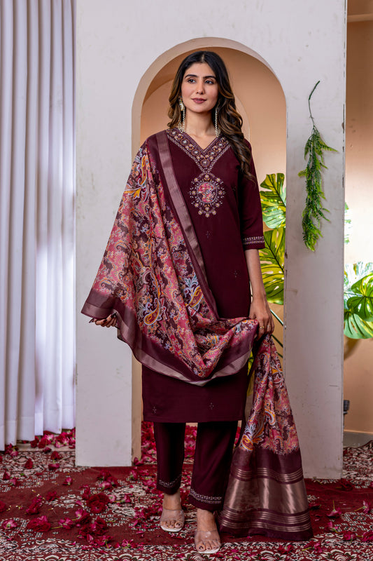 Deep Wine V-Neck Marina Viscose Silk Suit Set with Printed Chanderi Dupatta