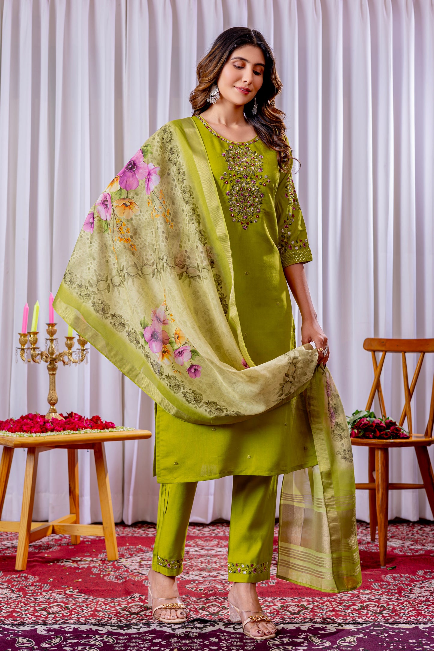 Parrot Green Embroidered Viscose Silk Suit Set with Printed Chanderi Dupatta