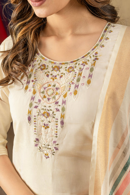 Off-White Embroidered Shimmer Silk Suit Set with Digital Print Muslin Dupatta