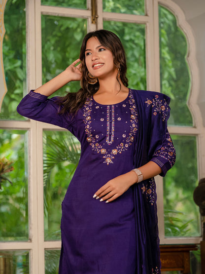 Deep Violet Embroidered Marina Silk Suit Set with Maslin Dupatta