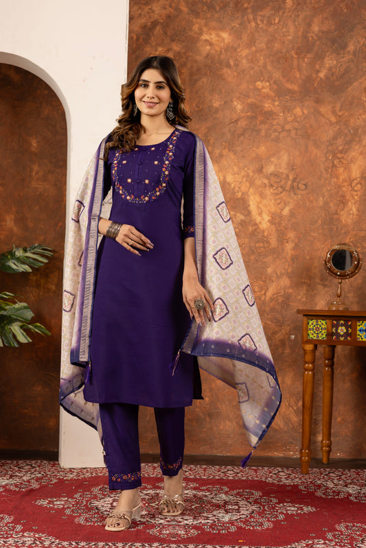 Deep Purple Hand Embroidered Marina Silk Suit Set with Muslin Dupatta