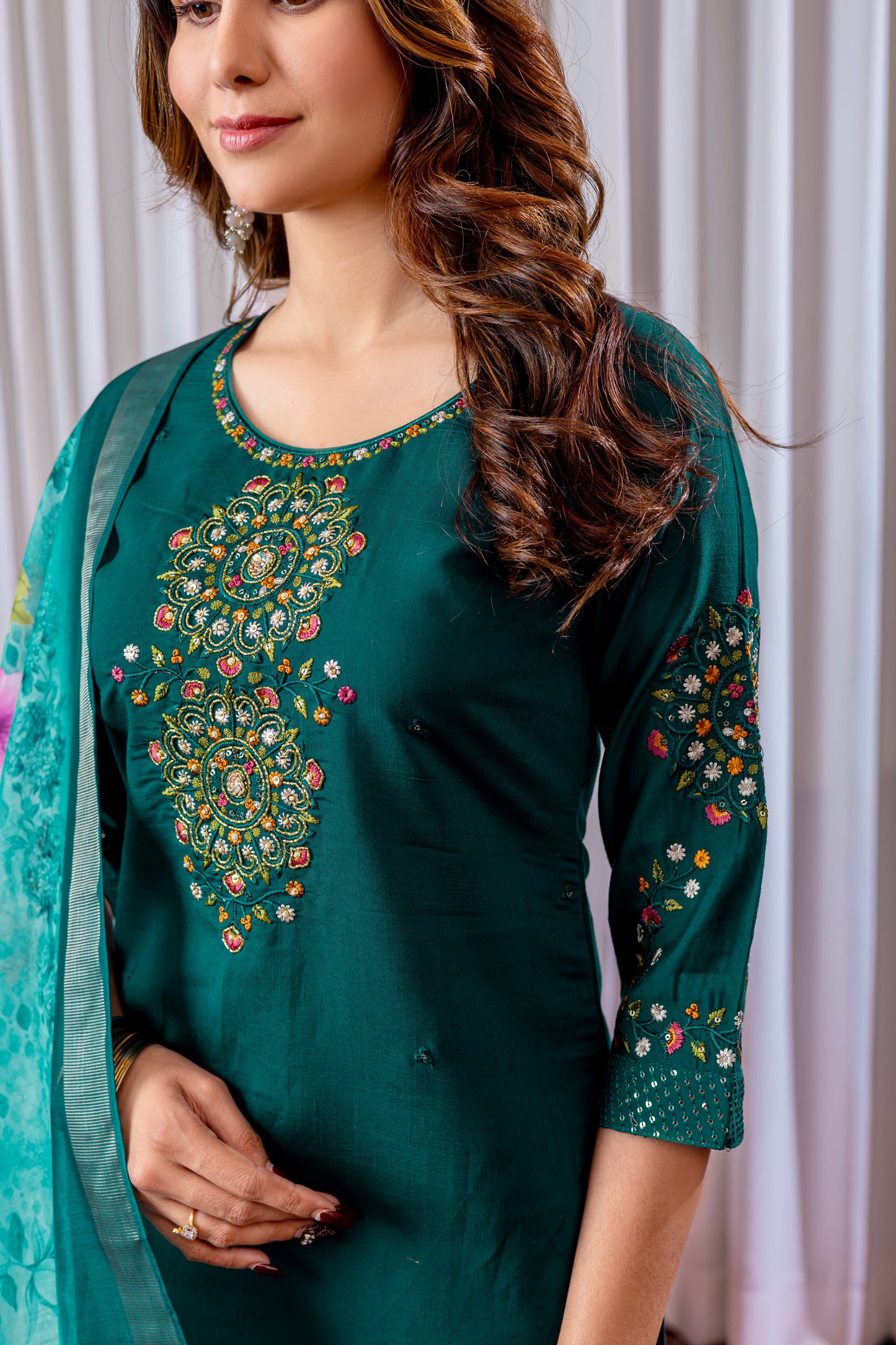 Emerald Green Embroidered Viscose Silk Suit Set with Printed Chanderi Dupatta