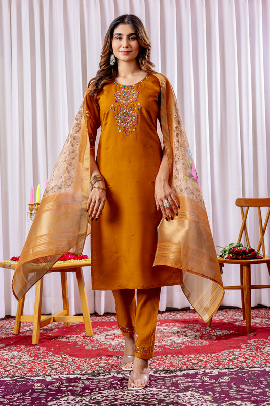 Mustard Yellow Embroidered Viscose Silk Suit Set with Printed Chanderi Dupatta