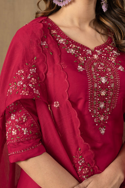 Fuchsia Pink Embroidered Roman Silk Suit Set with Scalloped Chanderi Dupatta