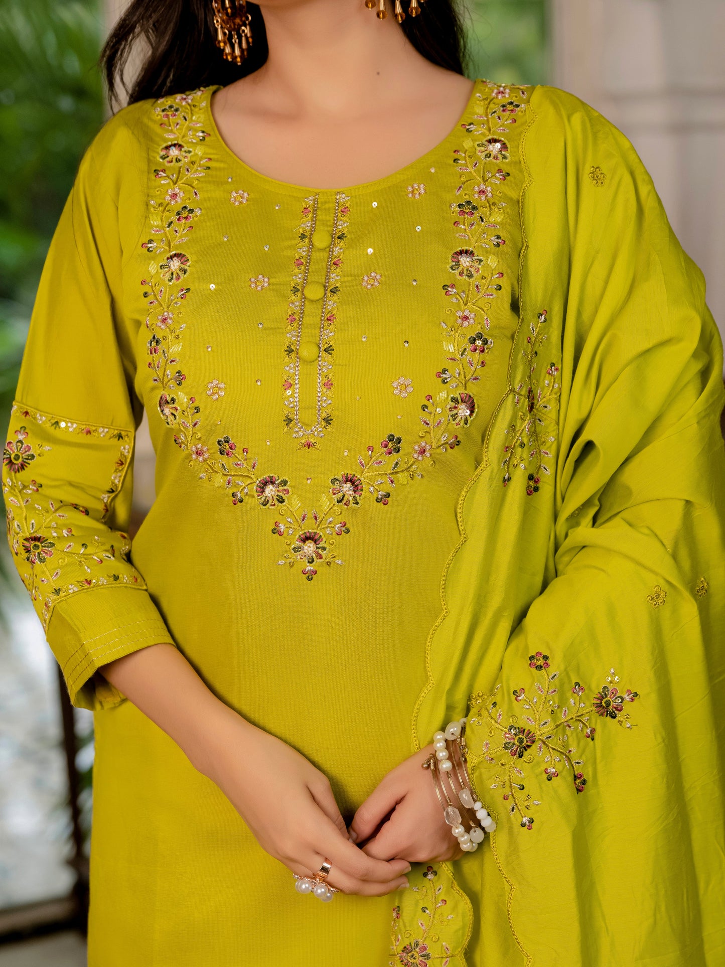 Mustard Yellow Embroidered Marina Silk Suit Set with Maslin Dupatta