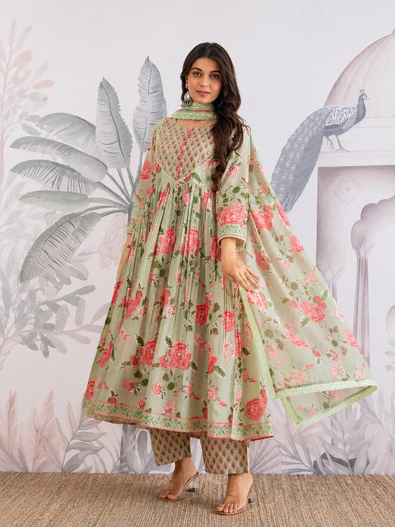 Premium Pista Green Floral Jaipuri Cotton Flared Anarkali Suit Set