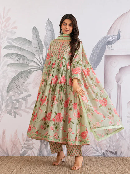 Premium Pista Green Floral Jaipuri Cotton Flared Anarkali Suit Set
