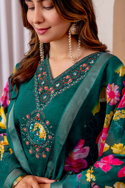 Forest Green Embroidered Marina Viscose Silk Suit Set with Floral Chanderi Dupatta