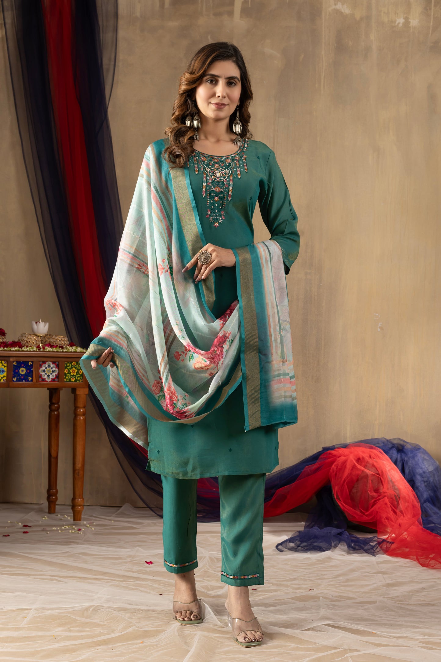 Rama Green Embroidered Shimmer Silk Suit Set with Digital Print Muslin Dupatta