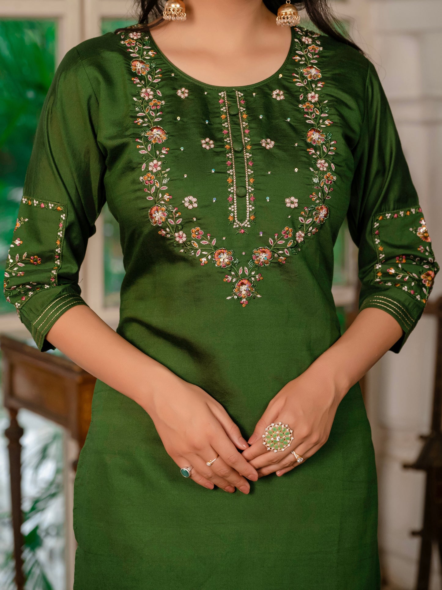 Mehndi Green Embroidered Marina Silk Suit Set with Maslin Dupatta