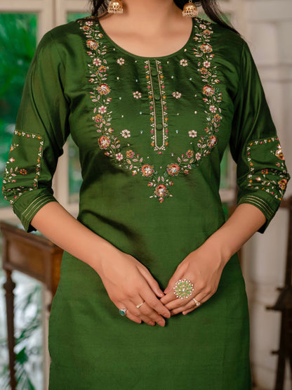 Mehndi Green Embroidered Marina Silk Suit Set with Maslin Dupatta