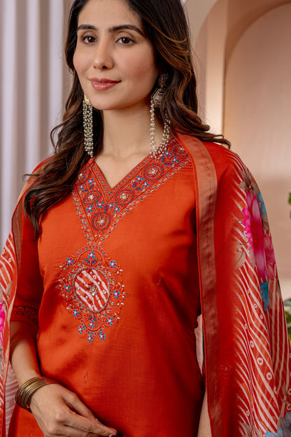 Vibrant Orange V-Neck Marina Viscose Silk Suit Set with Printed Chanderi Dupatta