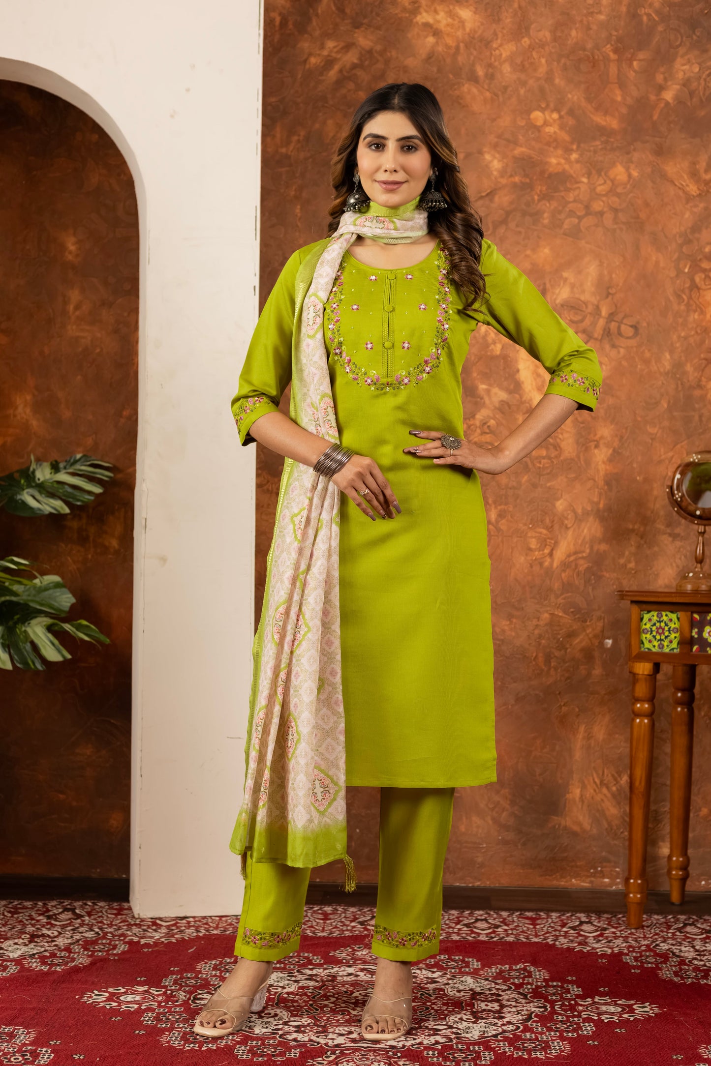 Lime Green Hand Embroidered Marina Silk Suit Set with Muslin Dupatta